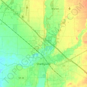 Mapa topográfico Shelbyville, altitud, relieve