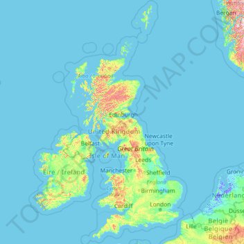 Mapa topográfico Reino Unido, altitud, relieve