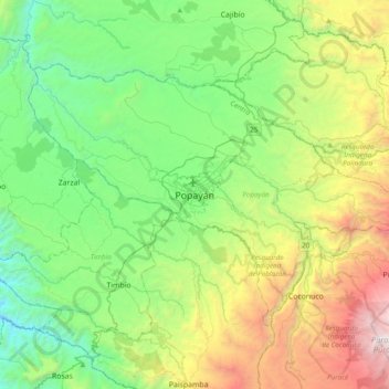 Mapa topográfico Popayán, altitud, relieve