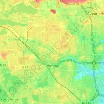 Mapa topográfico Pontiac, altitud, relieve
