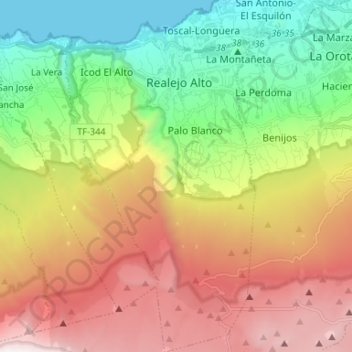Mapa topográfico Los Realejos, altitud, relieve