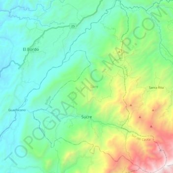 Mapa topográfico Sucre, altitud, relieve