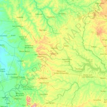 Mapa topográfico Caaguazú, altitud, relieve