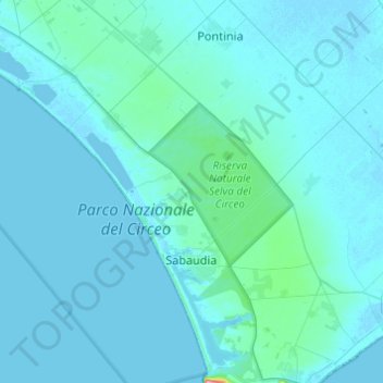 Mapa topográfico Sabaudia, altitud, relieve