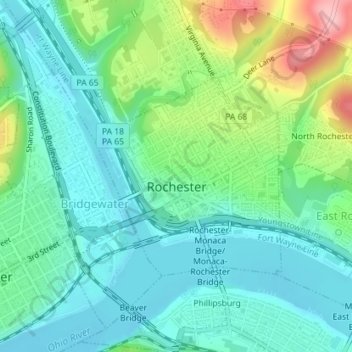 Mapa topográfico Rochester, altitud, relieve