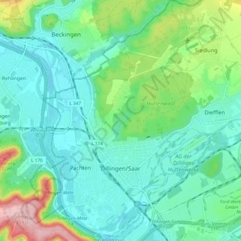 Mapa topográfico Dillingen/Saar, altitud, relieve