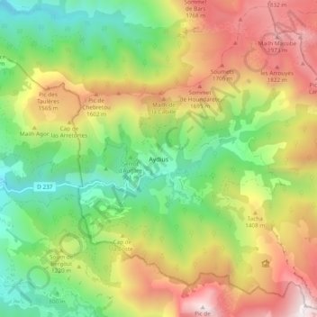 Mapa topográfico Aydius, altitud, relieve