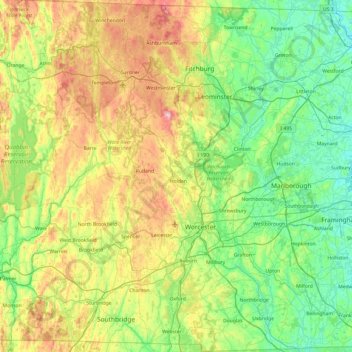 Mapa topográfico Worcester County, altitud, relieve