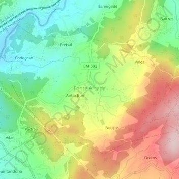Mapa topográfico Fonte Arcada, altitud, relieve