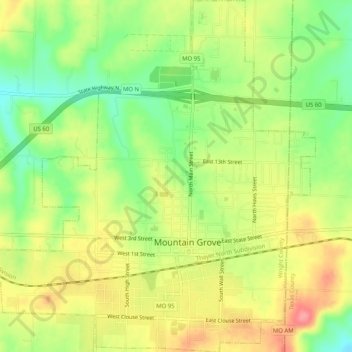 Mapa topográfico Mountain Grove, altitud, relieve