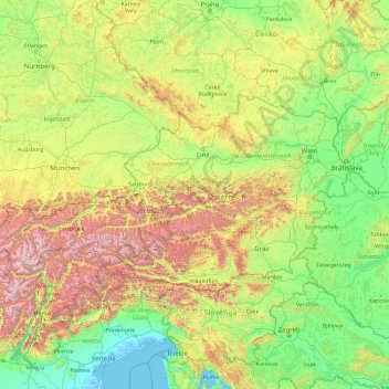 Mapa topográfico Austria, altitud, relieve