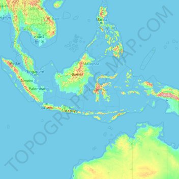 Mapa topográfico Indonesia, altitud, relieve