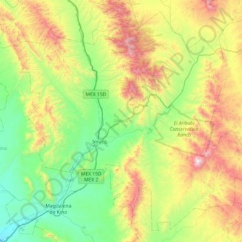 Mapa topográfico Imuris, altitud, relieve