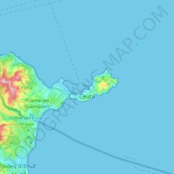 Mapa topográfico Ceuta, altitud, relieve