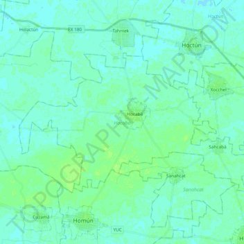 Mapa topográfico Hocabá, altitud, relieve