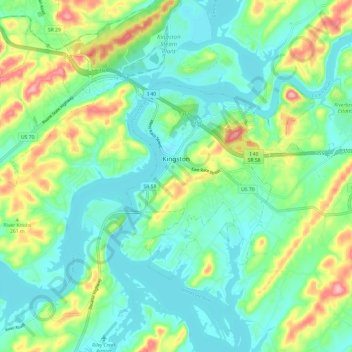 Mapa topográfico Kingston, altitud, relieve