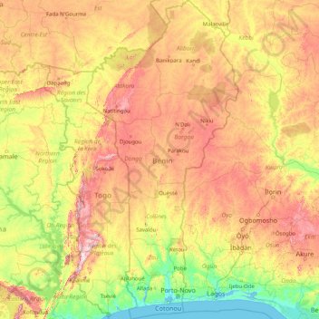 Mapa topográfico Benín, altitud, relieve
