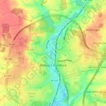 Mapa topográfico Bishop's Stortford, altitud, relieve