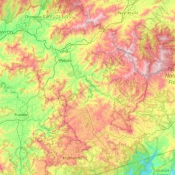 Mapa topográfico Jackson County, altitud, relieve