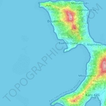 Mapa topográfico Bouéni, altitud, relieve