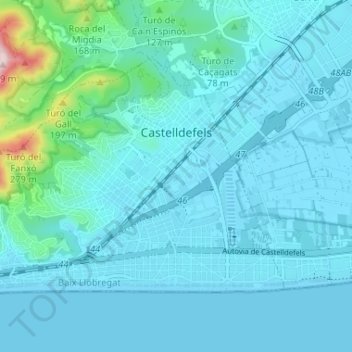 Mapa topográfico Castelldefels, altitud, relieve