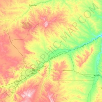 Mapa topográfico Yellowstone County, altitud, relieve