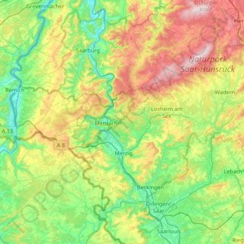 Mapa topográfico Landkreis Merzig-Wadern, altitud, relieve