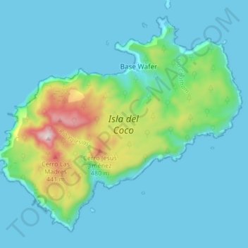 Mapa topográfico Isla del Coco, altitud, relieve