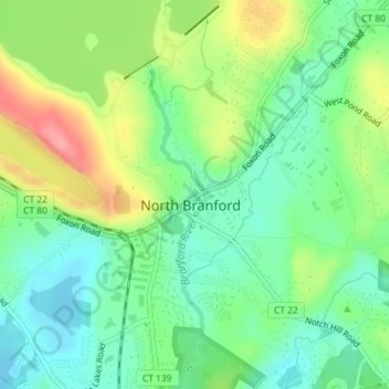 Mapa topográfico North Branford Town Green, altitud, relieve