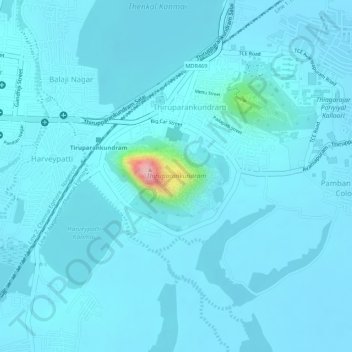 Mapa topográfico Thiruparankundram, altitud, relieve