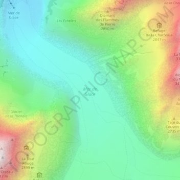 Mapa topográfico Mer de Glace, altitud, relieve