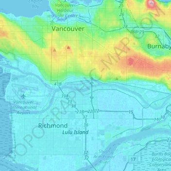 Mapa topográfico Fraser River (North Arm), altitud, relieve