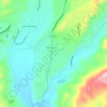 Mapa topográfico Oak View, altitud, relieve