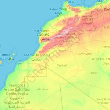 Mapa topográfico Marruecos, altitud, relieve